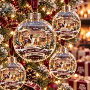 Texas A&M University 150th anniversary commemorative Christmas ornaments on a tree