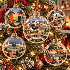Set of five University of Miami Hurricanes themed Christmas ornaments hanging on a tree.
