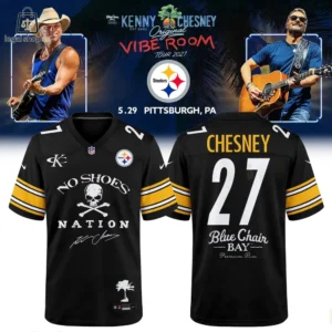 Kenny Chesney Pittsburgh Steelers football jersey featuring No Shoes Nation branding.
