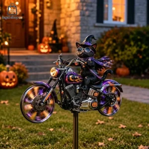 A black cat wearing a witch hat and sunglasses riding a motorcycle Halloween garden spinner.