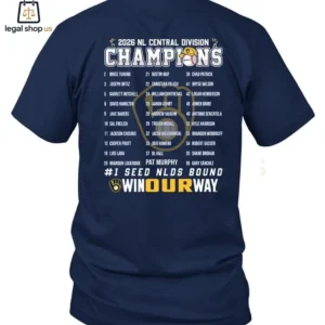 Navy blue Milwaukee Brewers 2026 NL Central Division Champions t-shirt with team roster on back.