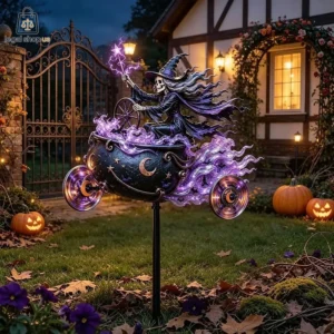 Glowing skeleton witch in a magical cauldron cart lawn ornament for Halloween.