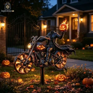 A headless horseman riding a flaming motorcycle in a Halloween yard decoration