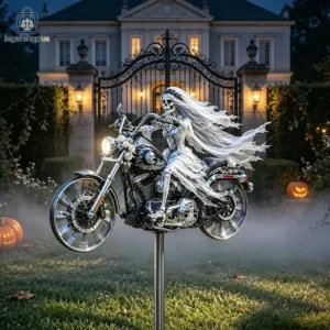 Skeletal bride on a motorcycle Halloween outdoor yard decoration