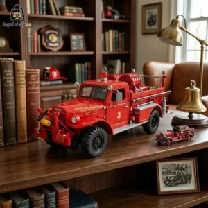 1940s Heritage Fire Engine Building Brick Set A detailed model of a vintage red fire engine displayed on a wooden desk in a library.