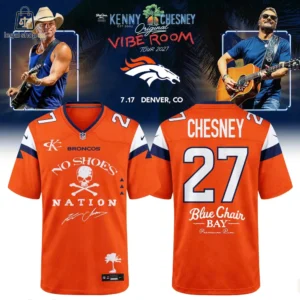 Front and back views of a custom orange Denver Broncos football jersey featuring Kenny Chesney No Shoes Nation branding.