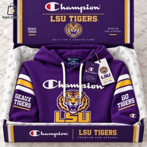 Purple Champion LSU Tigers hoodie in a branded presentation box