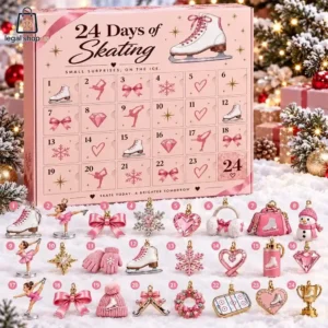 2026 Ice Skating Advent Calendar Pink 24 Days of Skating advent calendar with ice skating themed charms.