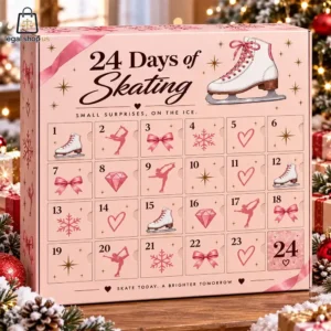 2026 Ice Skating Advent Calendar Pink 24 Days of Skating advent calendar with ice skate and snowflake illustrations.