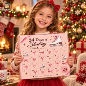 2026 Ice Skating Advent Calendar Young girl holding a pink skating-themed holiday countdown calendar in front of a Christmas tree.