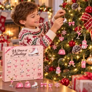 2026 Ice Skating Advent Calendar Child placing a skate-themed ornament on a Christmas tree next to a 24-day advent calendar