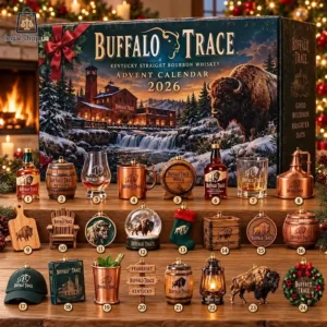 Buffalo Trace 2026 Kentucky Straight Bourbon Whiskey advent calendar with miniature holiday ornaments.