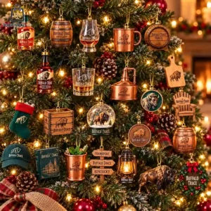 Collection of Buffalo Trace branded Christmas ornaments hanging on a tree