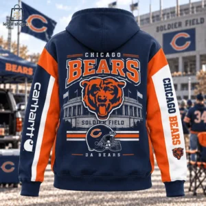 Rear view of a Chicago Bears navy blue hoodie featuring Soldier Field graphics.