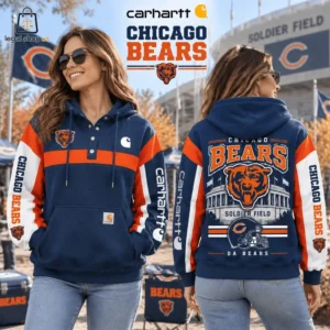Woman wearing a navy blue Chicago Bears Carhartt hoodie from front and back views.