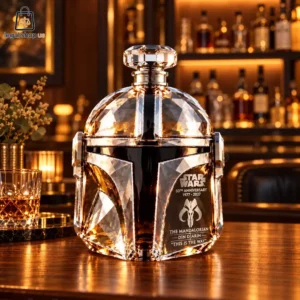 Crystal Star Wars Mandalorian helmet decanter on a bar counter