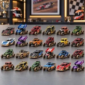A collection of 24 miniature die-cast race cars and off-road vehicles arranged in rows on a table.