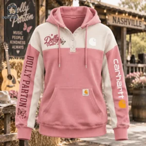 Pink and cream Dolly Parton x Carhartt collaboration hoodie featuring butterfly graphics and logo embroidery.