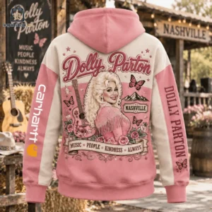 Dolly Parton pink and cream graphic hoodie with country music motif