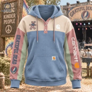 Multi-colored Grateful Dead and Carhartt collaboration pullover hoodie with a button-down placket.