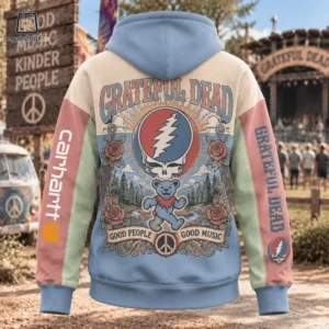 Back view of a multi-colored Grateful Dead hoodie featuring the Stealie logo and Dancing Bear.