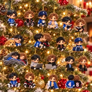 A collection of chibi-style hockey player figurines hanging as Christmas tree ornaments.