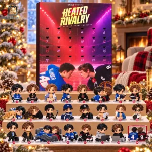 Heated Rivalry 24-day advent calendar with hockey romance theme and collectible character figures.