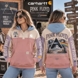 Woman wearing a Pink Floyd and Carhartt collaborative hoodie showing front and back designs