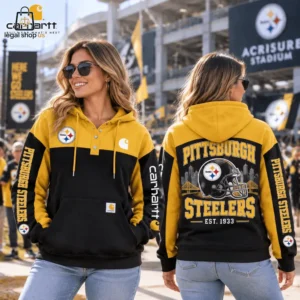 Woman wearing a Pittsburgh Steelers Carhartt hoodie at Acrisure Stadium