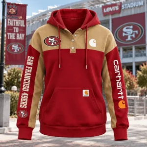 San Francisco 49ers themed two-tone red and gold hoodie with team logos.