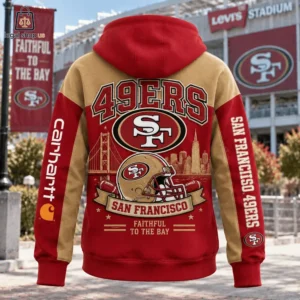 Back view of a red and gold San Francisco 49ers themed hoodie