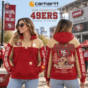 Woman modeling a Carhartt San Francisco 49ers hoodie with front and back views.