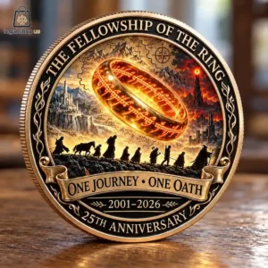 Commemorative 25th anniversary Lord of the Rings collectible coin featuring the One Ring and the Fellowship.