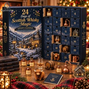 2026 Days of Scottish Whisky Magic Advent Calendar Scottish whisky advent calendar with 24 compartments and miniature spirit bottles.