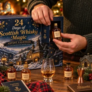 2026 Days of Scottish Whisky Magic Advent Calendar Person opening a drawer of a Scottish whisky advent calendar with miniature spirit bottles and a tasting glass on a wooden table.