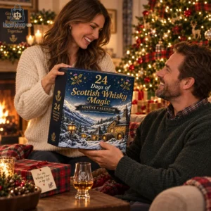2026 Days of Scottish Whisky Magic Advent Calendar Couple holding a 24 Days of Scottish Whisky Magic advent calendar in a cozy holiday living room.